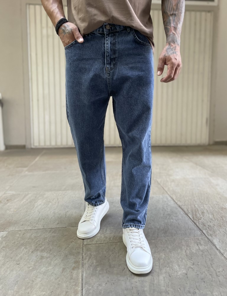 Ανδρικό μπλε σκούρο σταθερό Loose Jean πεντάτσεπο με φερμουάρ 2023D φωτογραφία